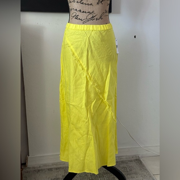 🆕DKNY Yellow Linen Fringe-Trim Midi Skirt - Picture 3 of 15